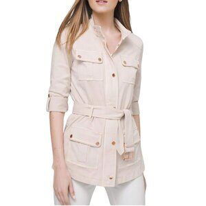 NWT White House Black Market Casual Denim Blush Pastel Color Belted Jacket